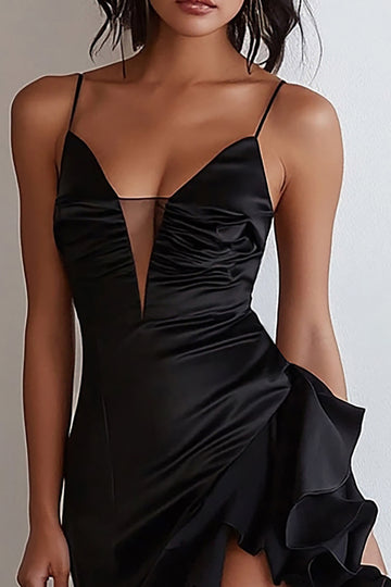 Ruffled Chiffon Asymmetrical Black Tie Dress